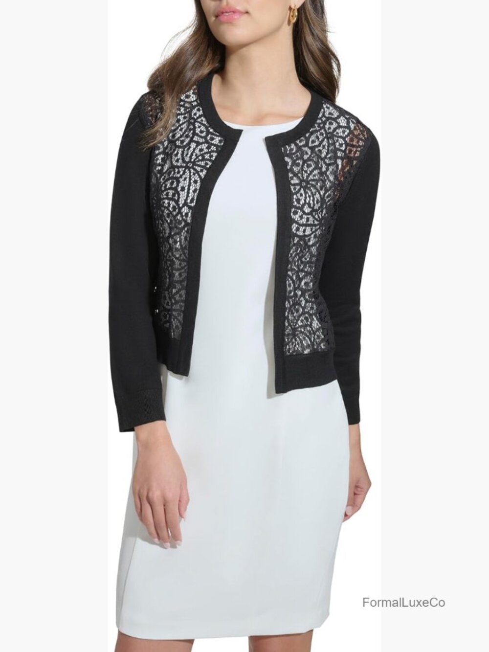 3/4 Sleeve Jewel Neck Lace Open Front Shrug